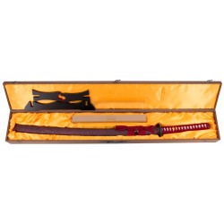 Katana Funcional: Acero Carbono 1045, Mango Encordado Rojo, Vaina Tela Granate - 104 cm - Con Soporte