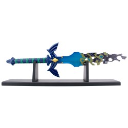 Espada Mestra de Zelda de 'Tears of the Kingdom': Réplica em Aço Azul e Couro Ecológico Verde, com Base