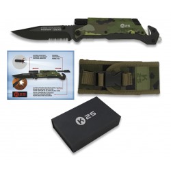 Navaja táctica K25 TACTICA con hoja 9,5 cm acero 7Cr17Mov, mango aluminio camo, funda Molle y accesorios incluidos