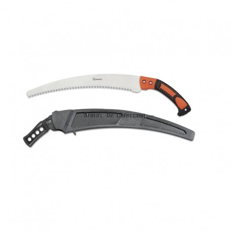 Sierra ALBAINOX de 50 cm con hoja 34 cm acero 3Cr13Mov, mango antideslizante negro/naranja y funda rígida de ABS