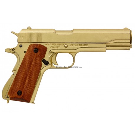 Pistola automática dorada M1911A1 cal. 45, USA 1911, réplica Denix 5312, 1ª y 2ª GM, metal y madera, 24 cm, simulador de disparo