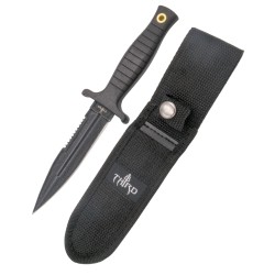 Cuchillo botero Third H0062S con hoja de acero 420 de 12 cm con sierra en la parte superior, mango de ABS negro, funda de nylon.