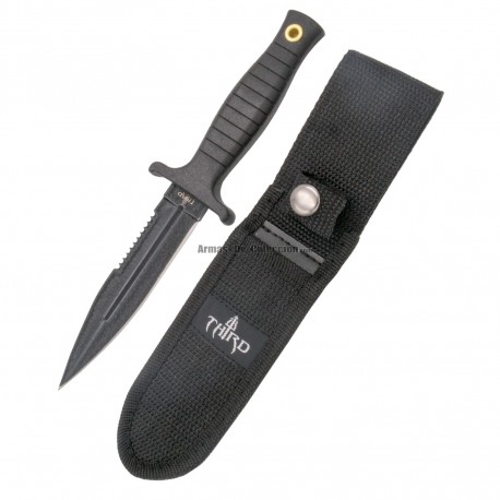 Cuchillo botero Third H0062S con hoja de acero 420 de 12 cm con sierra en la parte superior, mango de ABS negro, funda de nylon.