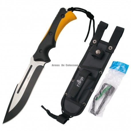 Cuchillo táctico Third 11249 con hoja de acero de 17,5 cm, mango de ABS negro y goma fundida naranja,funda