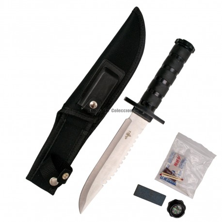 Cuchillo de supervivencia Third 086N con hoja de acero de 17 cm, mango de aluminio en negro,kit de supervivencia y funda