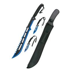 Set machete cortacañas y 2 lanzadores Third 10699 acero 420, hoja negra corte azul 71,5 cm con funda de nylon