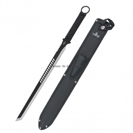 Set machete cortacañas y 2 lanzadores Third 10699 acero 420, hoja negra corte azul 71,5 cm con funda de nylon