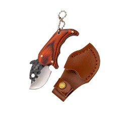 Cuchillo K2481 con hoja amartillada acero 420 y filo satinado, mango pakkawood y funda de polipiel marrón