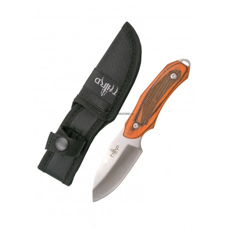 Cuchillo Third H0203 acero 420 satinado con mango pakkawood y funda de nylon negra, hoja de 8,3 cm