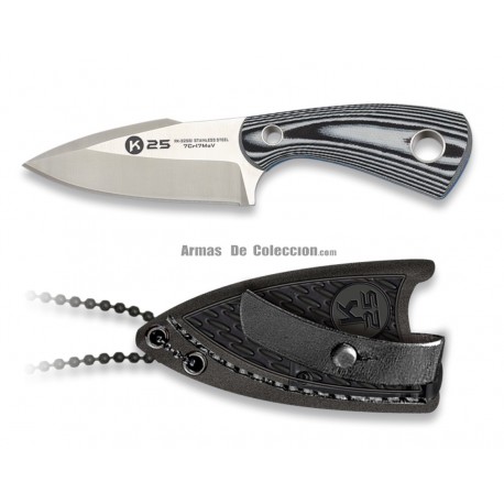 Cuchillo colgante K25 Botero enterizo de 13,5 cm con hoja satinada CNC de acero 7Cr17Mov y mango G10 con funda piel