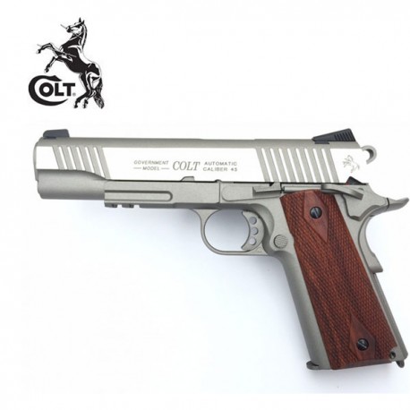 Colt 1911 Rail Gun Pistola 6mm Full Metal Blowback CO2 Niquel/Madera