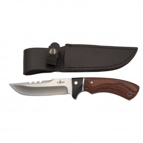 Cuchillo de caza Third 13572PW, con hoja de acero 440 de 12,4 cm acabado satinado, mango de pakkawood y madera negra,funda