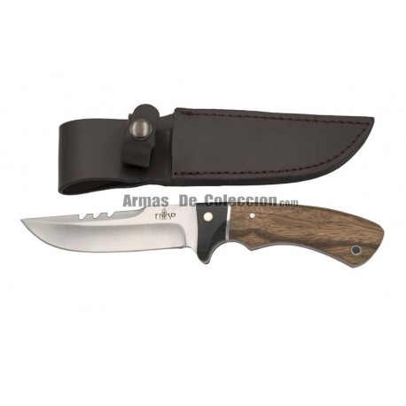 Cuchillo de caza Third 13572ZW, con hoja de acero 440 de 12,4 cm acabado satinado, mango de zebrano y madera negra,funda
